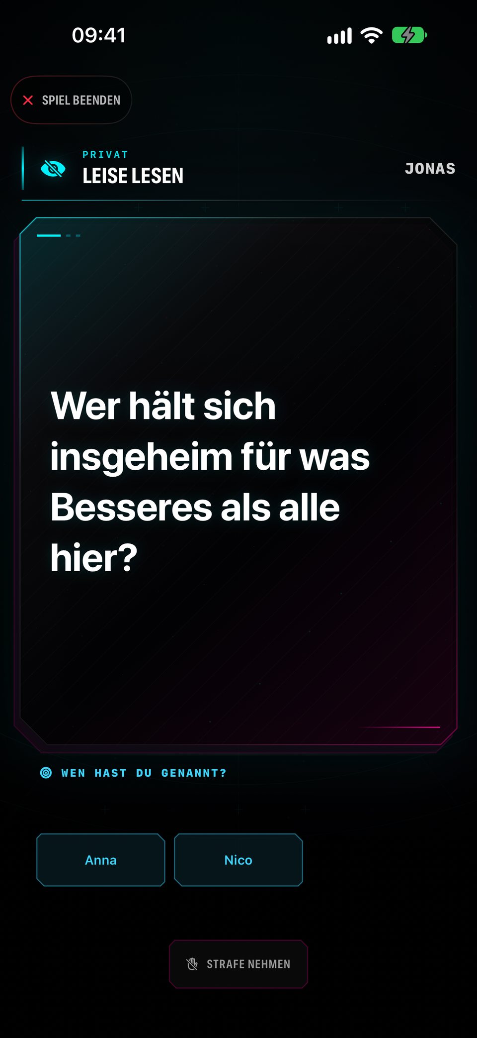 Jonas liest „Wer hält sich insgeheim für was Besseres als alle hier?“ und kann Anna oder Nico wählen
