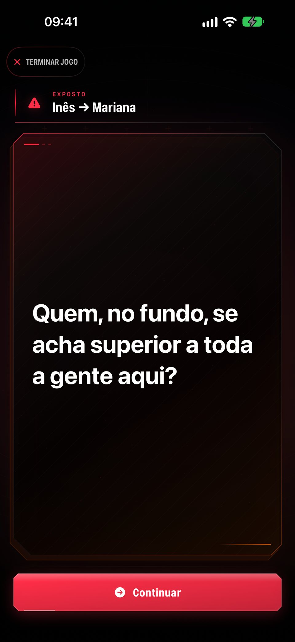 A pergunta revelada ao grupo: a Inês escolheu a Mariana para «Quem, no fundo, se acha superior a toda a gente aqui?»