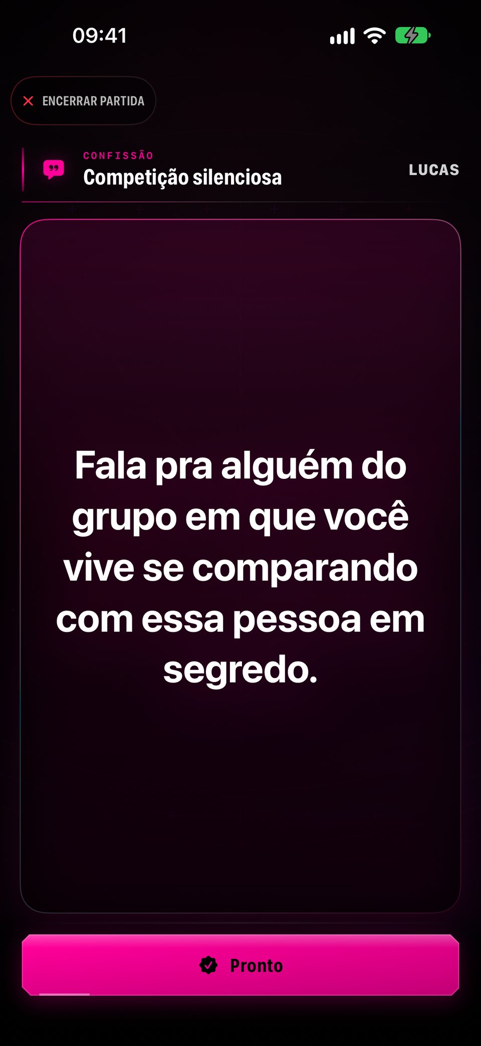 Uma prenda chamada Competição silenciosa: conte pra alguém do grupo em que você vive se comparando com essa pessoa em segredo