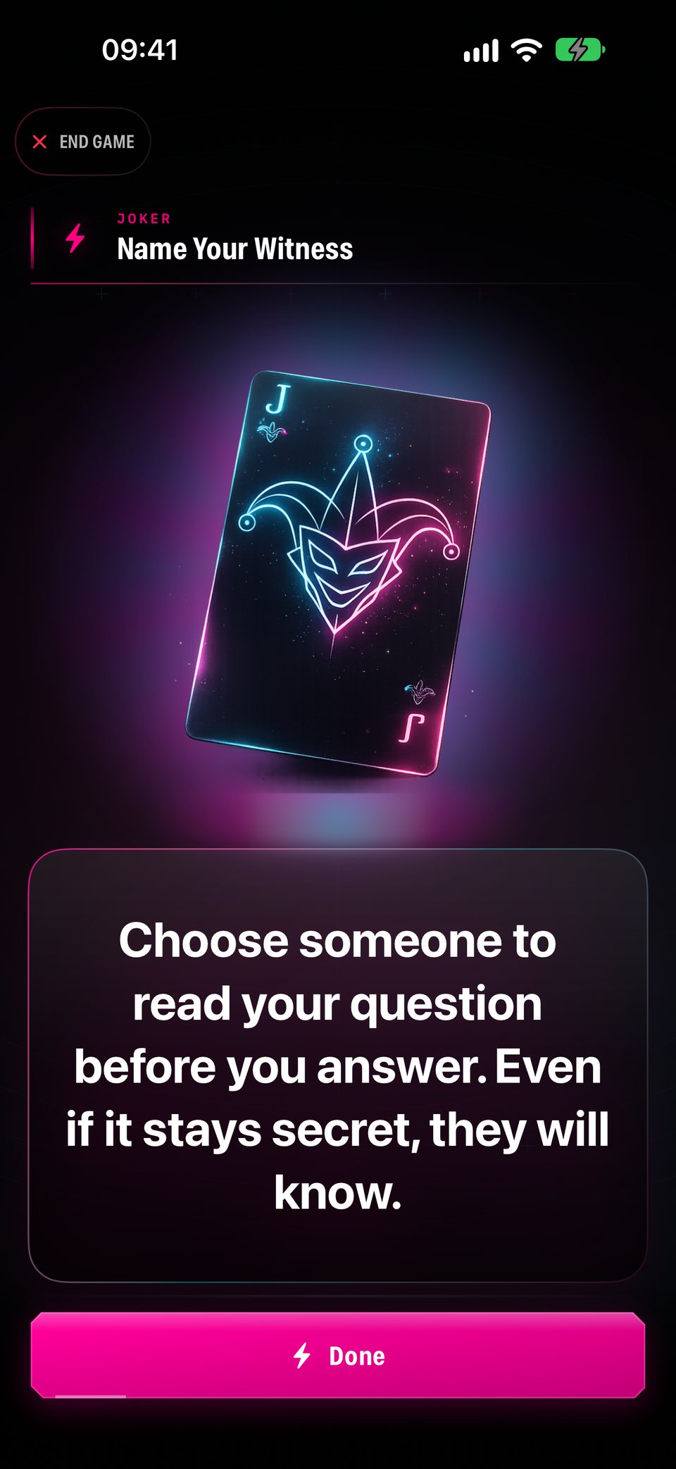 A Joker called Name Your Witness: choose someone to see your next question after you answer, even if it stays secret