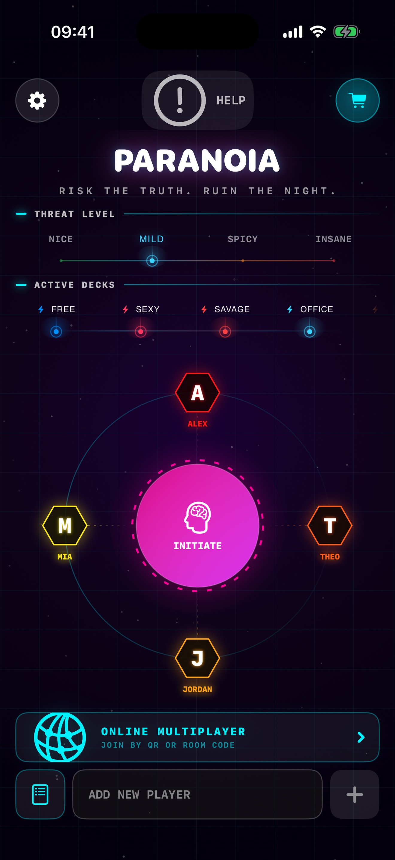 Paranoia lobby with the current threat rail, deck loadout and four players around the central reactor