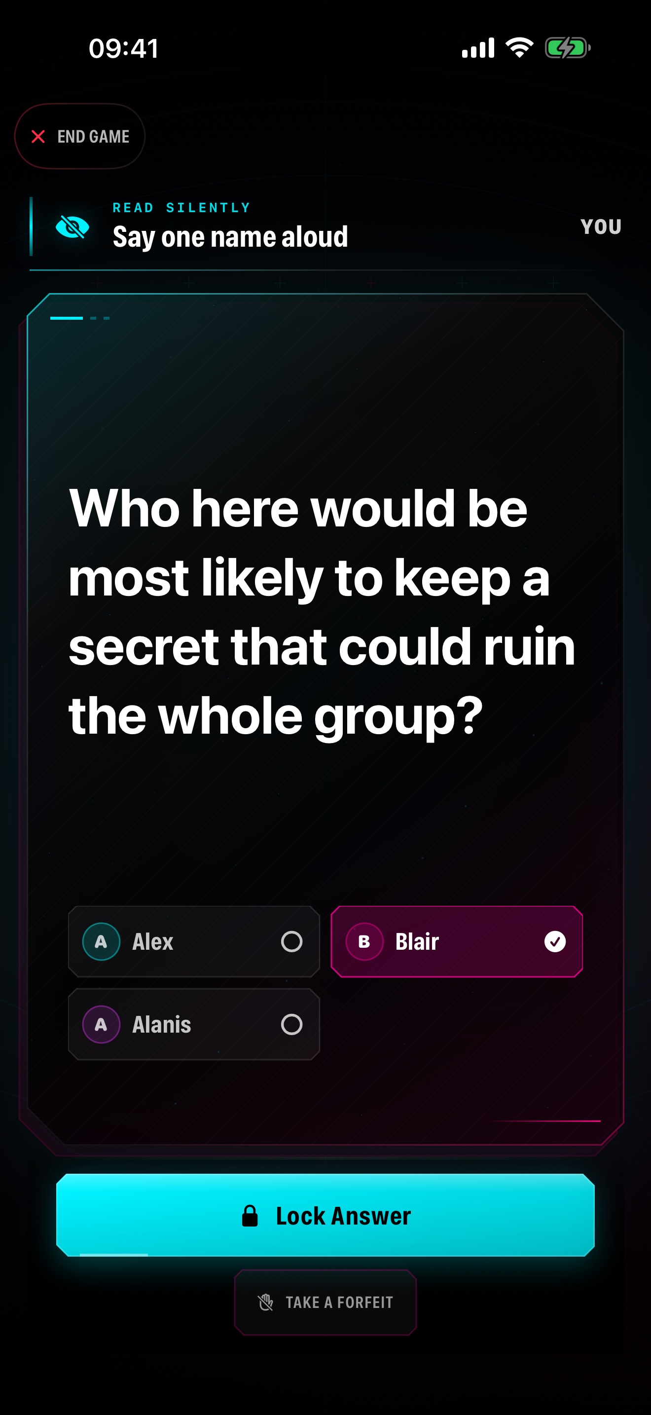 A live online Paranoia turn showing a private question and Blair selected on the reader's own device
