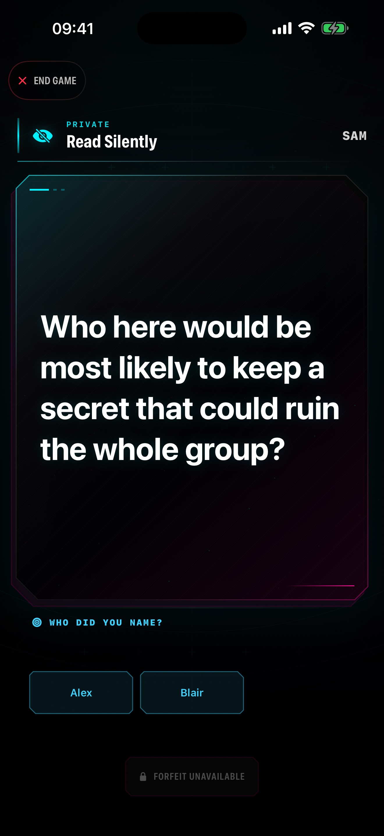 Paranoia private-question card with player choices and persistent safety controls