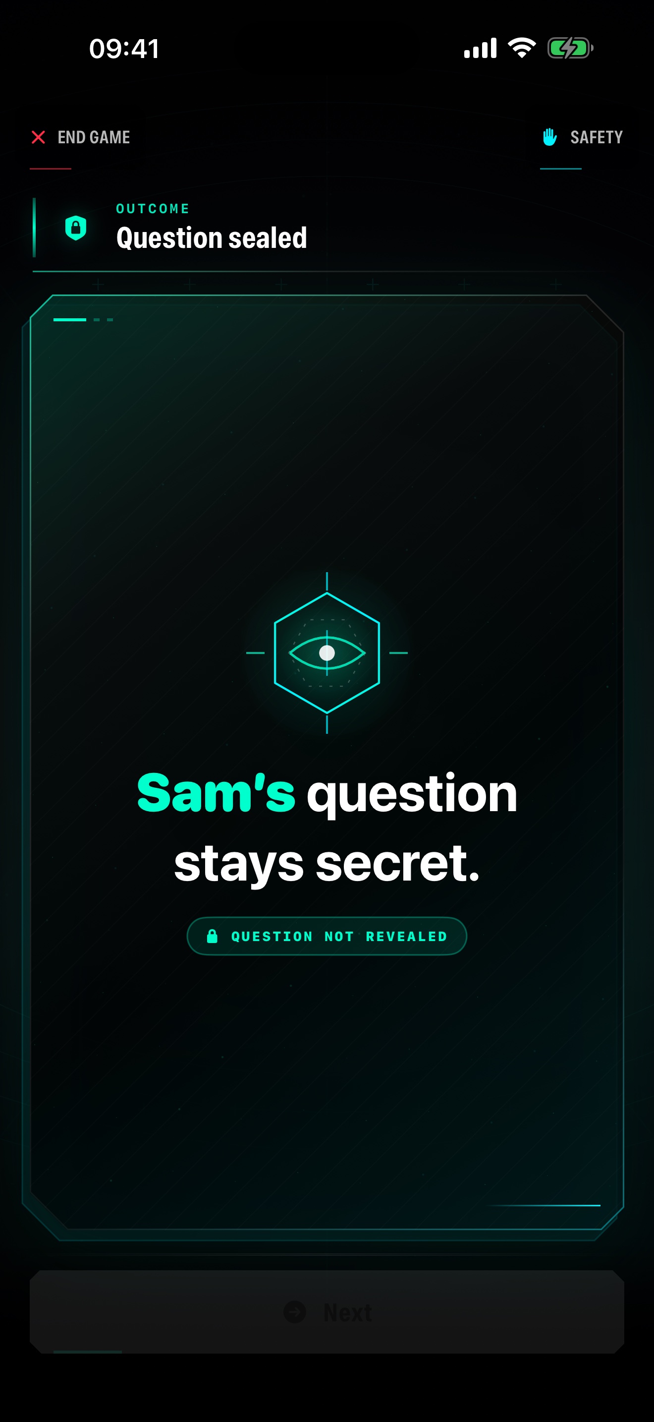 Paranoia outcome card confirming that Sam's question stays secret
