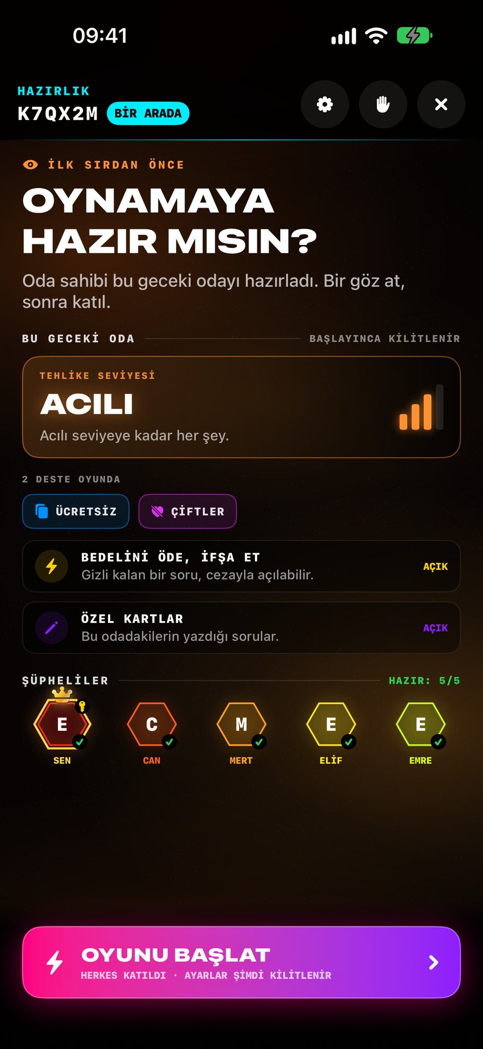 İlk sırdan önce çevrimiçi bir oda: Acılı seviye, ücretsiz deste ve Çift terapisi, “Bedelini öde, ifşa et” açık, beş oyuncu da hazır